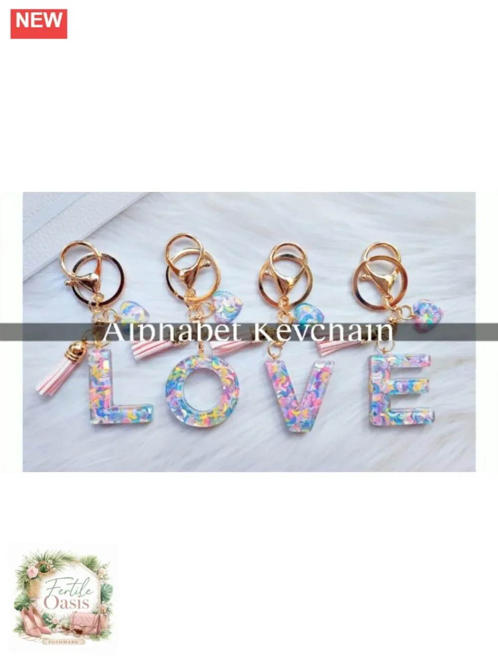Initial Letter Keychain with Heart Charm and Tassel, Resin and Metal, Cute Gift
